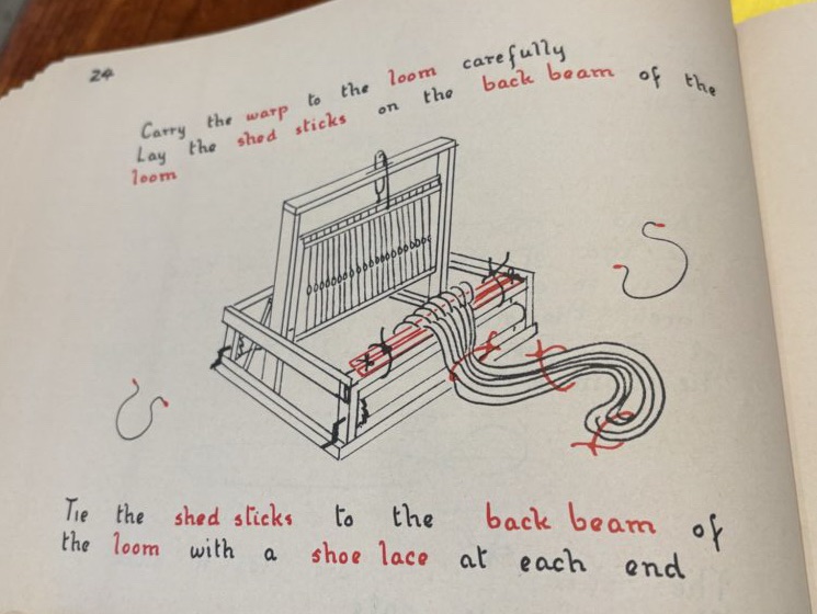 Page 24 of You Can Weave features a drawing of a loom and the text "Carry the warp to the loom carefully."