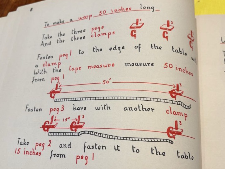 A page from You Can Weave explaining how to place pegs, to wind a warp around.