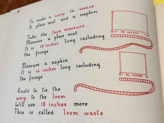 A page from You Can Weave explaining how to measure the length of a placemat and napkin, and add them together with extra yarn for waste.